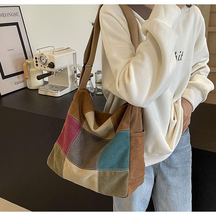 New Color Matching Tote Bag, Japanese and Korean Shoulder Messenger Bag, Retro Student Make-up Bag, Large-capacity Canvas Bag