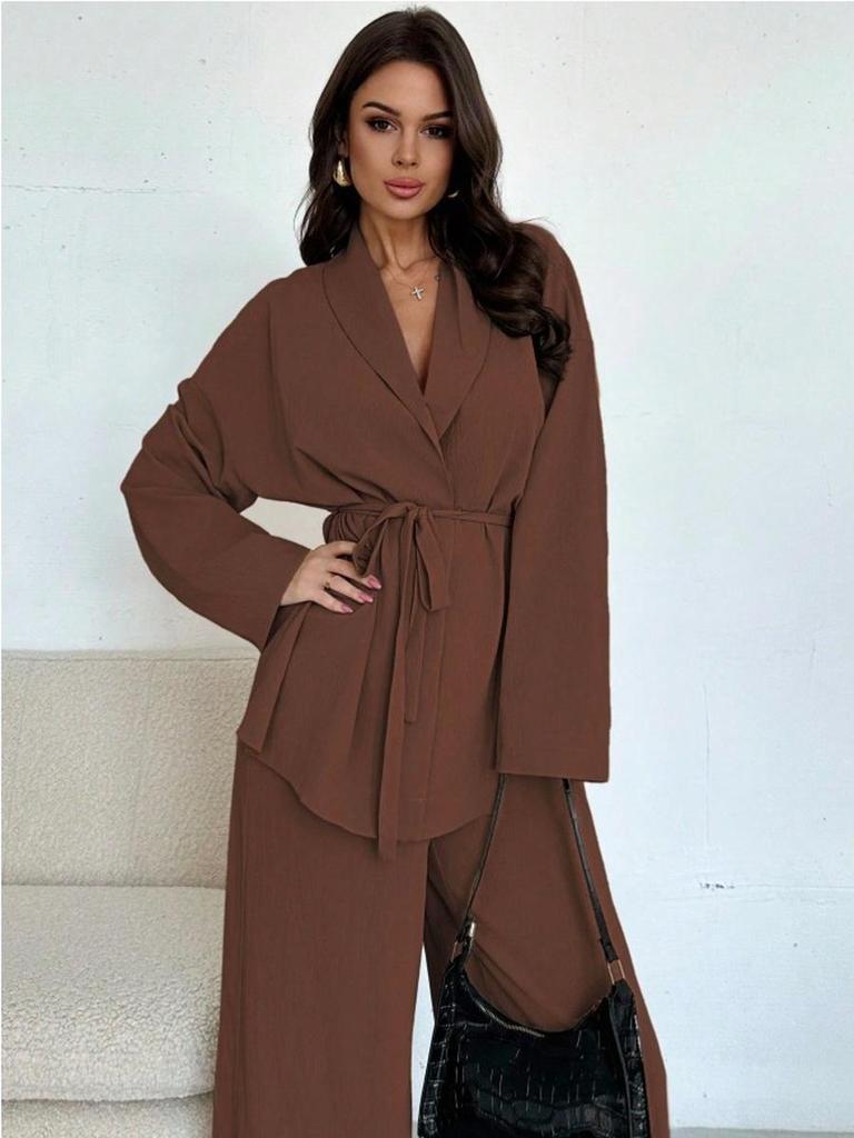 Fall Winter Fashion V-Neck Women's Elegant Long Sleeve Wide Leg Pantsuit