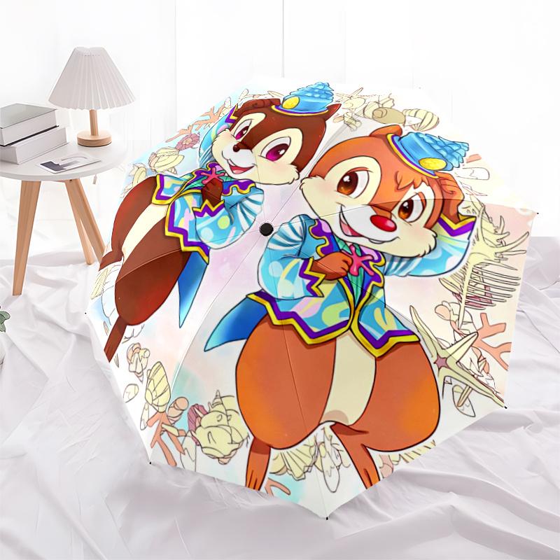 1pc Chip 'n' Dale's Pattern Beautiful Looking Automatic Folding Umbrella, 3 Folding, 8 Iron Frame Design, Durable and Suitable for Travel an
