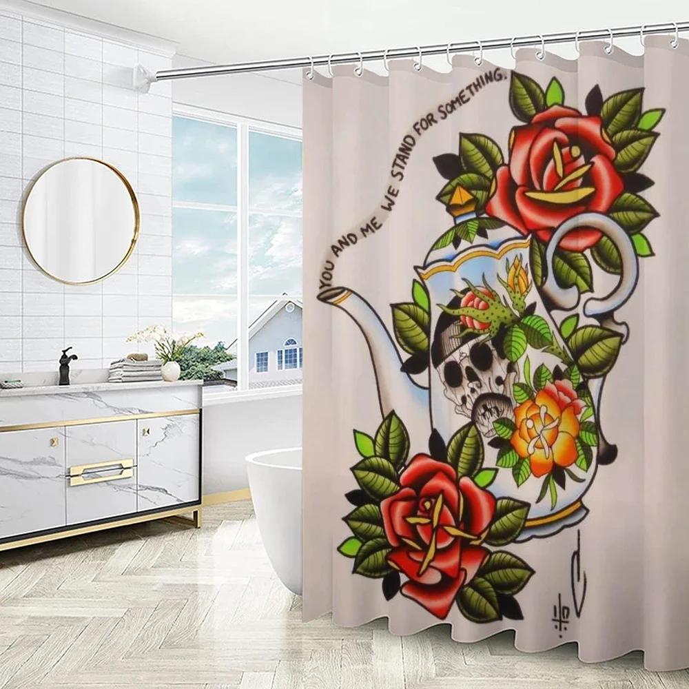 

New School Tattoo European Curtain for Quarto Shower Curtains Bathroom Sets Full Set Folding Partition Accessories Bath Bedrooms 150x180CM