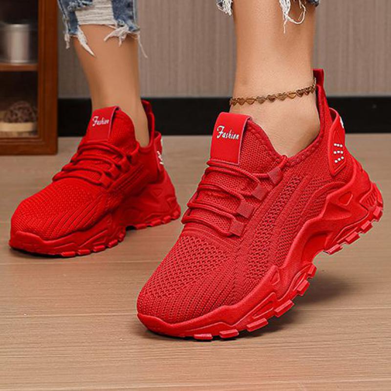 Women's Red Mesh Shoes Breathable Mesh Sneakers for Women Knitted Shoes Women White Platform Tennis Shoes Thick Sole Casual Shoe