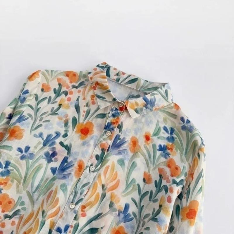 Frühlings-Sommer Blumenhemd Französische Mode Vielseitig Locker Dünn Bedrucktes Oberteil für Damen