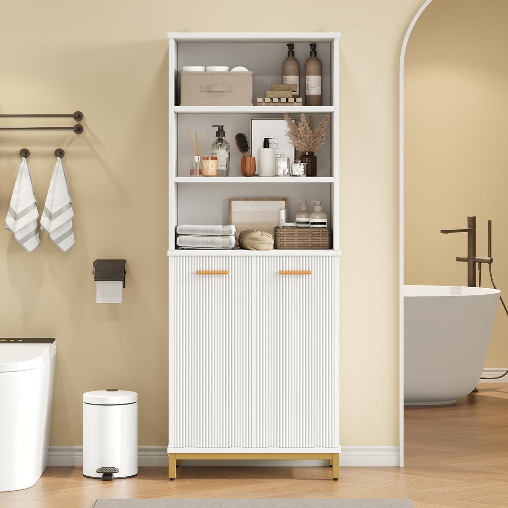 65×32×170 cm, Bathroom Cabinet made of MDF, 3 Open Shelves, Adjustable Shelves, 2 Tilt-Out Laundry Bins, Fluted Lacquered Doors, Gold Handles, White.