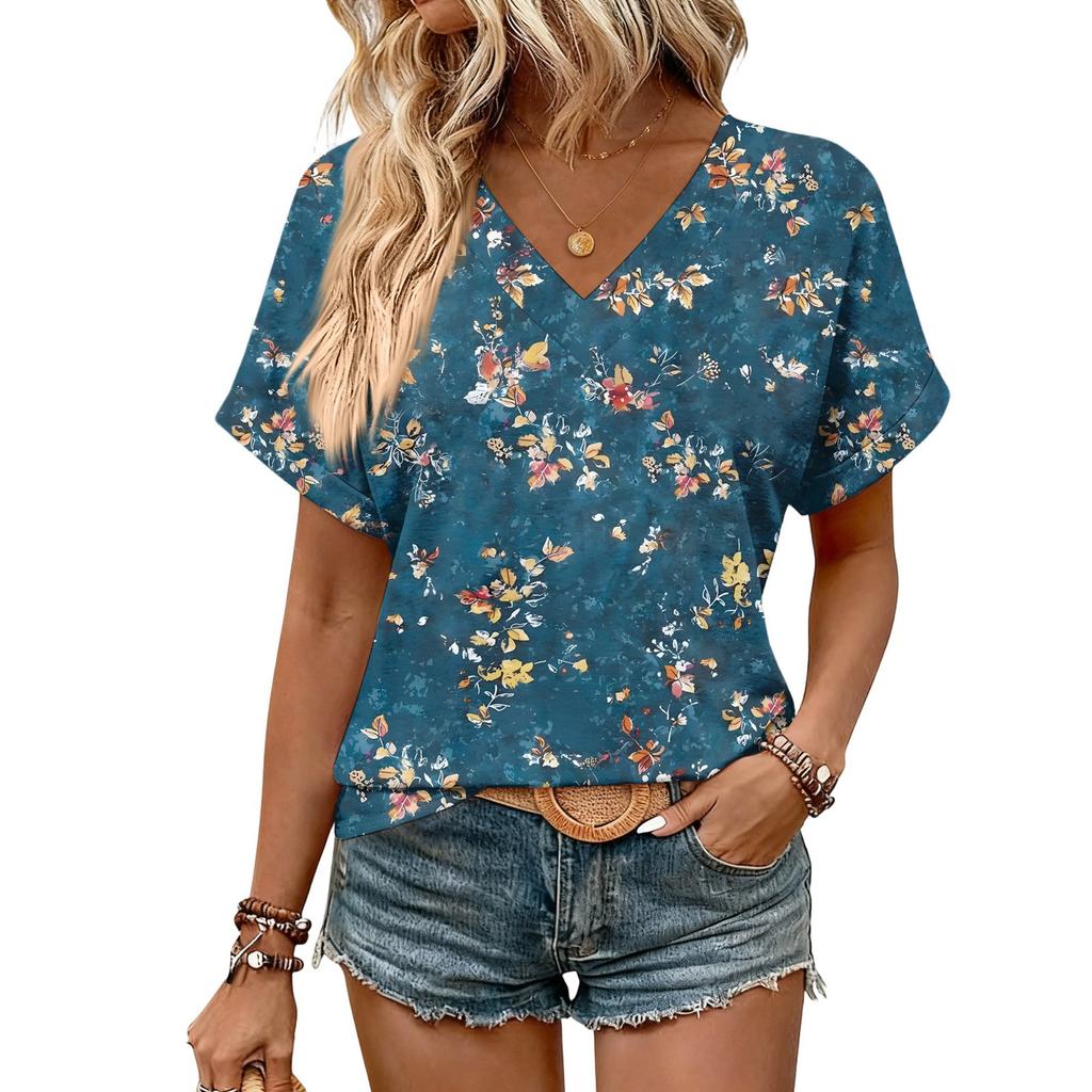 Damen Sommer Oberteile Kurzarm V-Ausschnitt Hemden Lässig Elegant Sommer Blusen Tunika Top