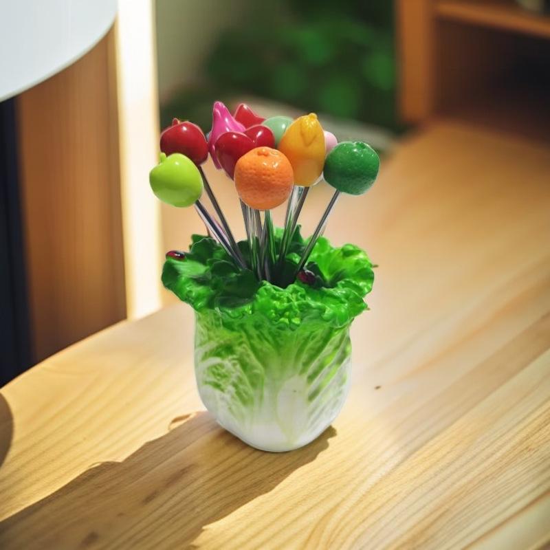 Edelstahl Obstgabeln: Niedliches Erdbeer- & Kohl-Design, Perfekt für Heimdekoration.