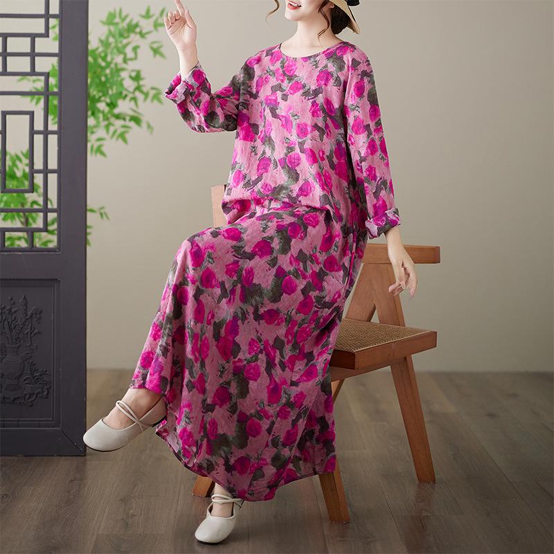 Plus Size Cotton & Linen Printed Round Neck Long Sleeve Holiday Dress XL