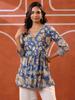 Blue Floral Printed V Neck Cotton Top