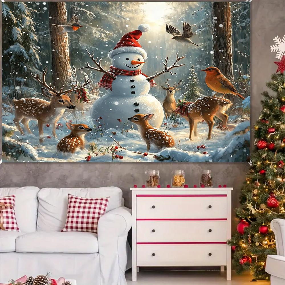 VIKAMA Snowman and Reindeer Christmas Tapestry Living Room Feature Wall Children's Room Decor Christmas Theme Arrangement