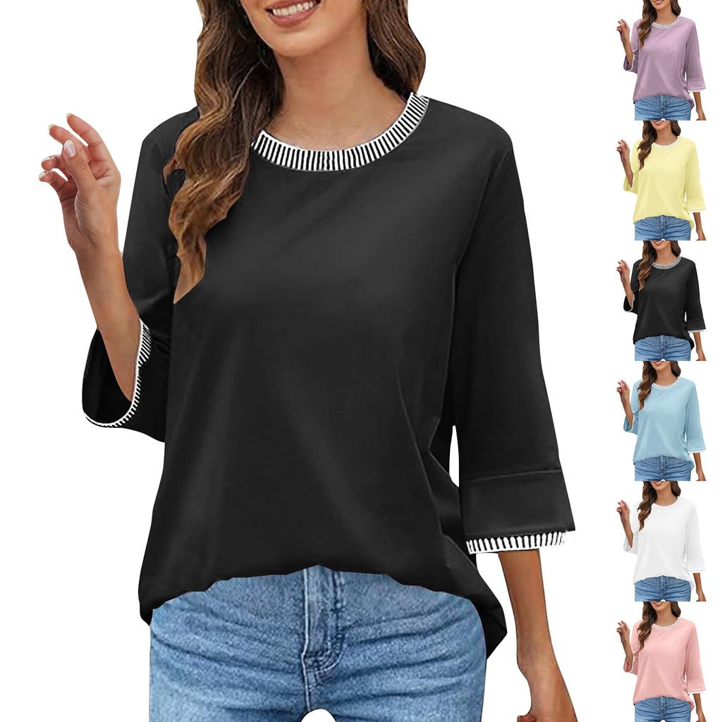 Women's Fashion Casual Threaded Round Neck Seven Points Flare Sleeve T-Shirt Top