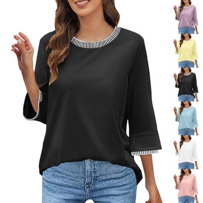 Camiseta Casual de Moda para Mujer con Hilo, Cuello Redondo, Manga de Siete Puntos Acampanada