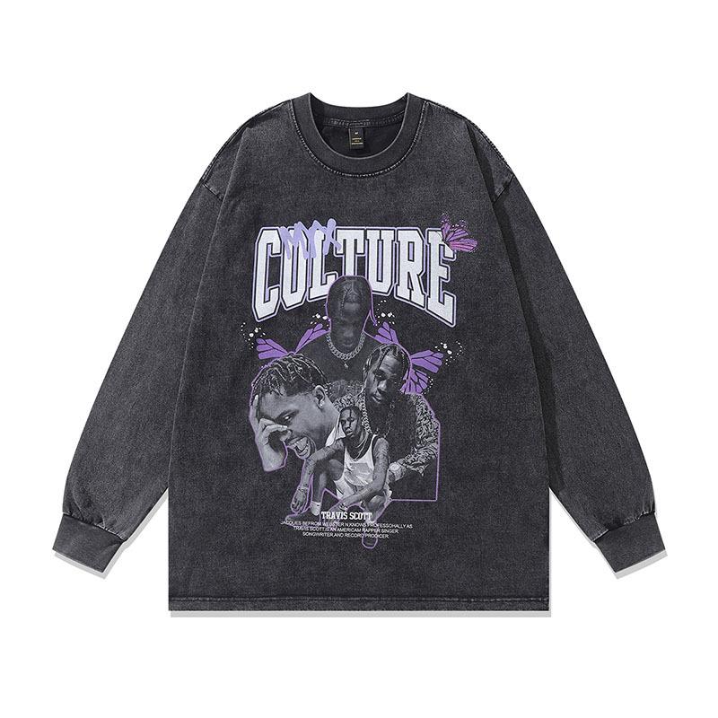 European And American High Street Trendy Brand Doberman Pinscher Printed Long-Sleeved T-Shirt Men'S And Women'S Vibe Style Retro Trendy Brand Washing