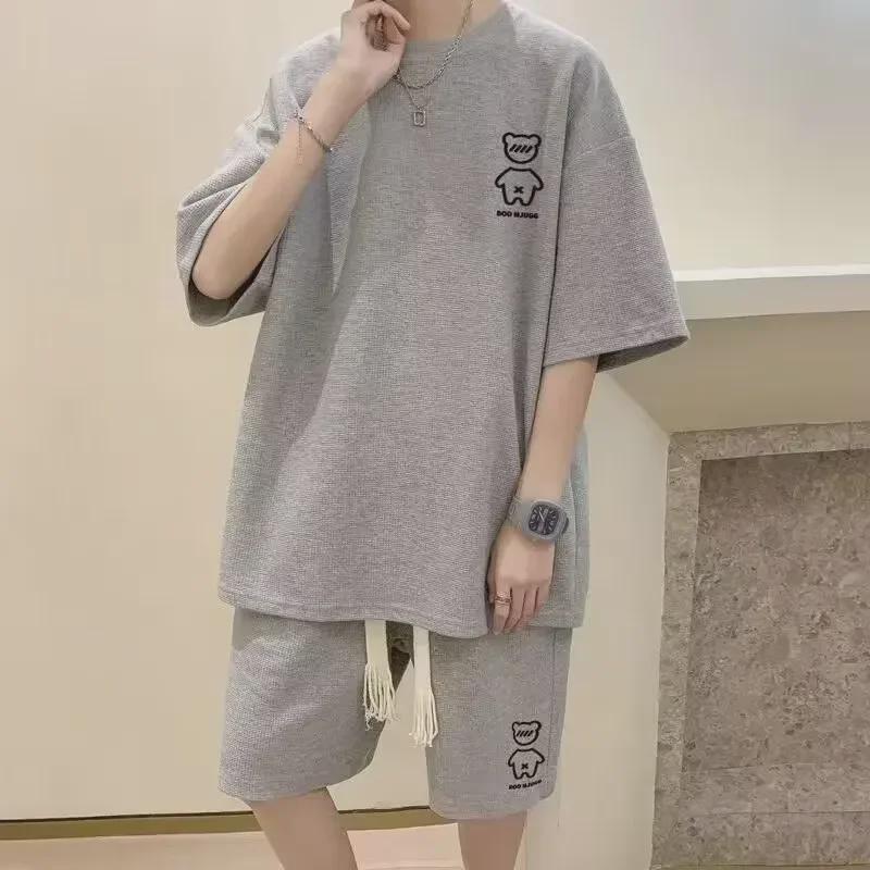 Men's Casual Ice Silk Waffle Suit - Loose Fit Summer T-Shirt & Shorts Set