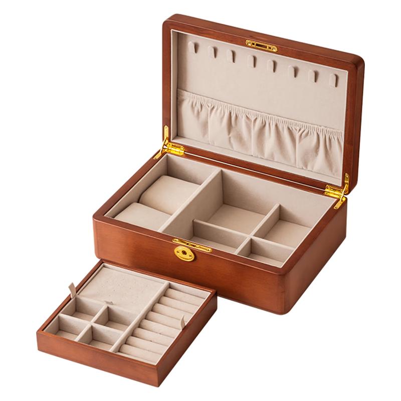 Elegant Solid Wood Double-Layer Jewelry Box with Lock