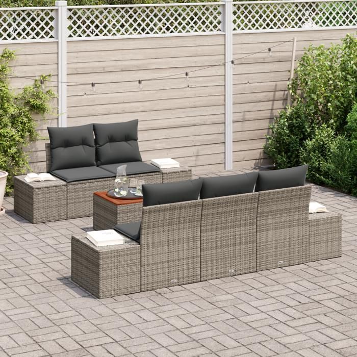 VidaXL Ensemble de Canapés de Jardin 6 Pièces avec Coussins Gris Poly Rattan Acacia 3347895
