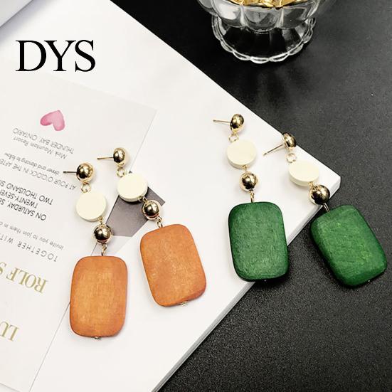 Statement DIY Wooden Geometric Square Round Dangle Jewelry Women Retro Earrings