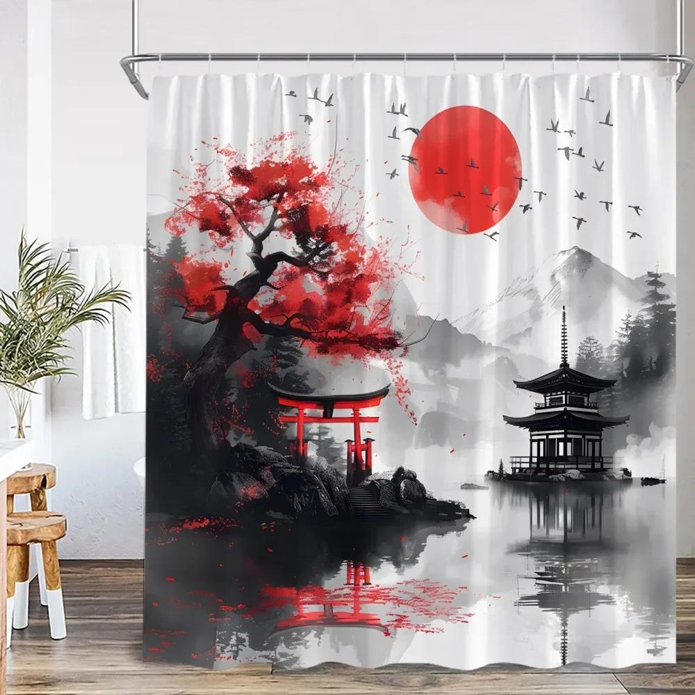 Samuraj Gejsza Styl Japoński Malarstwo Tuszem Zasłona Prysznicowa Japonia Świątynia Czerwone Słońce Góra Rzeka Różowy Kwiat Wiśni Zasłona Kąpielowa