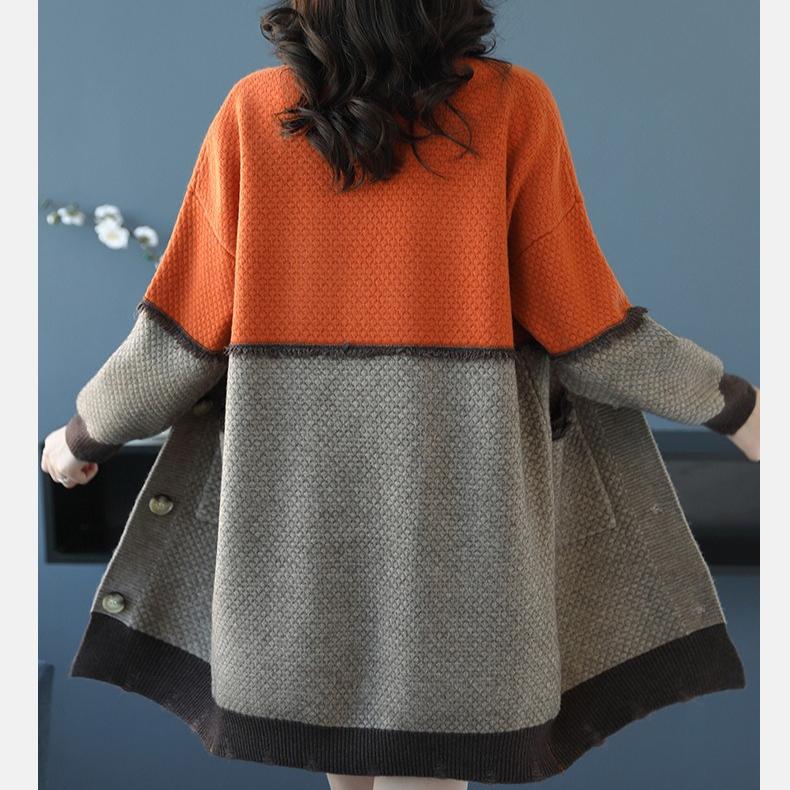 Women's Sweater Jacket Autumn and Winter Loose Medium-length Knitted Cardigan V-neck Color-blocked Knitted Jacket