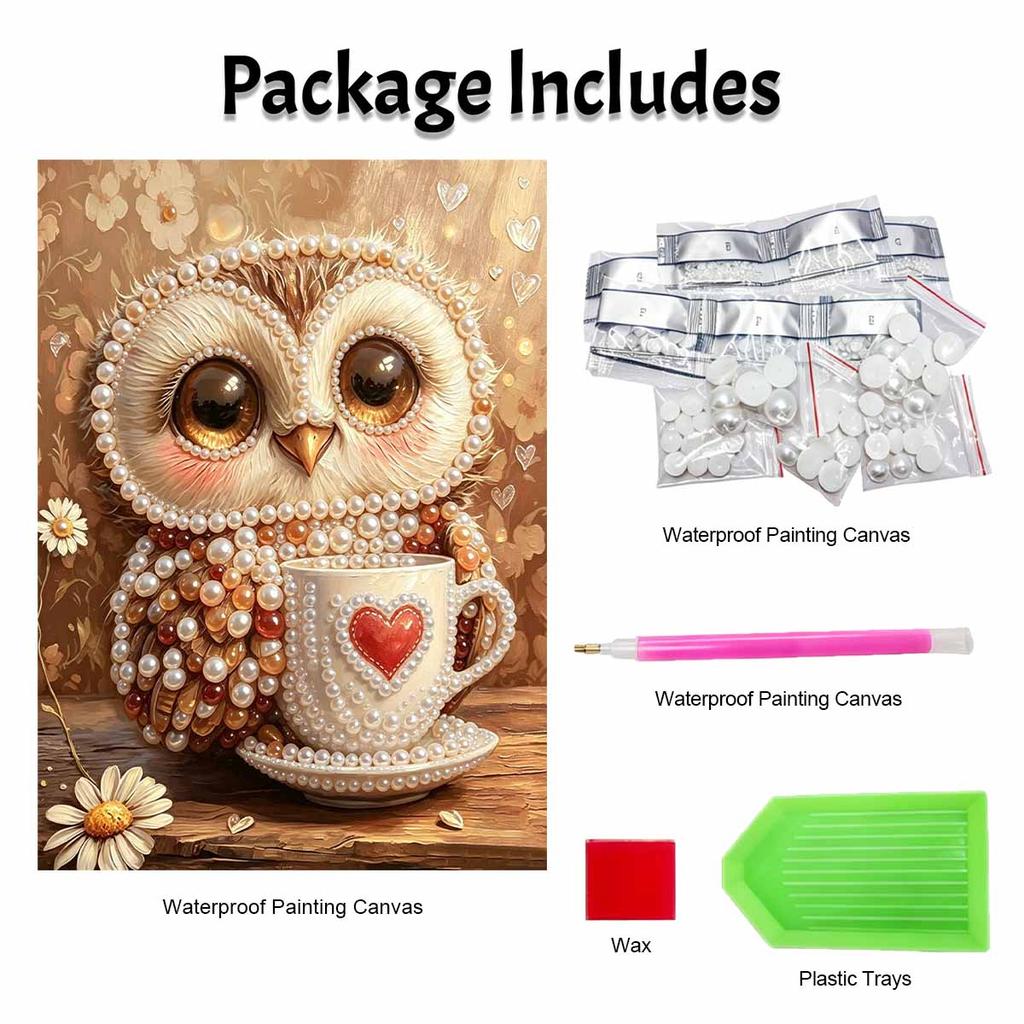 Framed Pearl Bead Painting Kit Cute Owl with Coffee Cup DIY Shiny Canvas Art Relaxing Craft Gift for Craft Lovers Home Decor 12345
