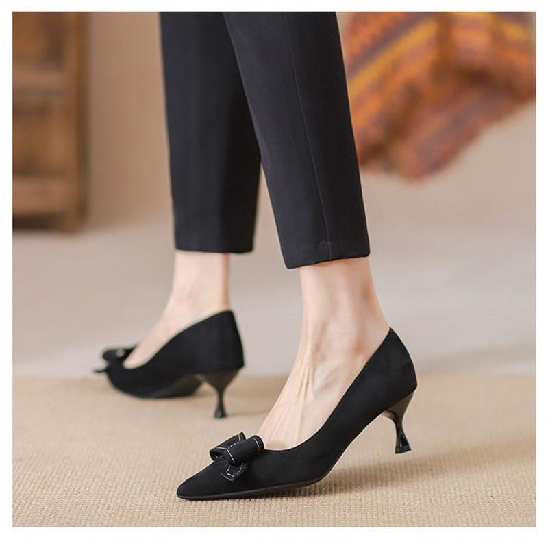Fashion Slip-on Slim Heel Single Shoes Autumn New Pointed Toe Shallow Mouth Bow Non-Slip Wear-Resistant High Heels