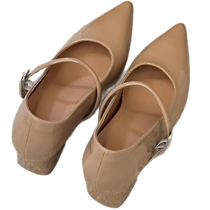 French Light Mouth Small Leather Shoes Women's Spring and Autumn 2025 Nude Pointed Soft Patent Leather Buckle Temperament Single Shoes