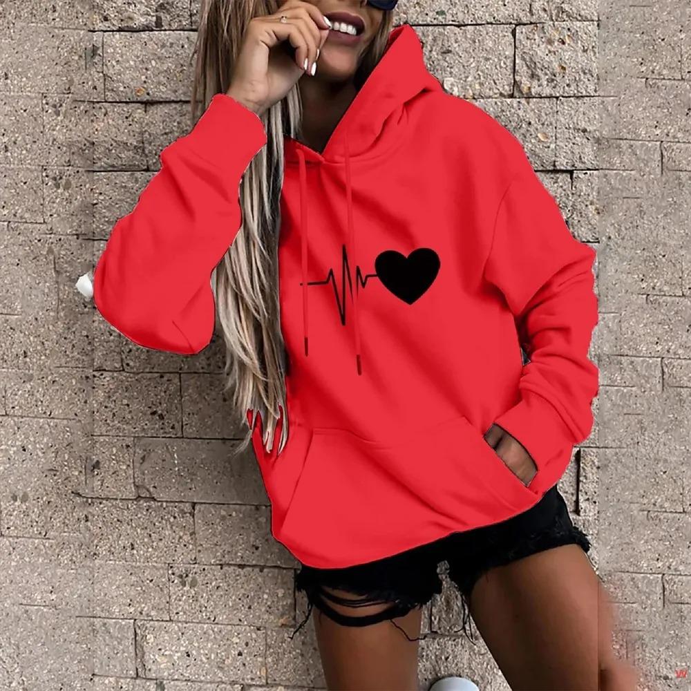 Autumn Winter Fashion Comfortable Warm Long Sleeved Love Printed Pullover Hoodie Casual Sports Loose Fitting Women's Hoodies