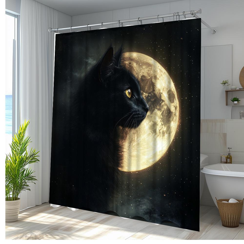 1Pc Black Cat Full Moon Shower Curtain - Enchanting Polyester Fabric With Starry Night Design, Includes 12 Hooks, 70. 8X70. 8 In