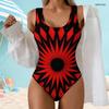 Women Plus Size Scoop Neck Wide Straps High Cut One Piece Swimsuit Red Black Printed