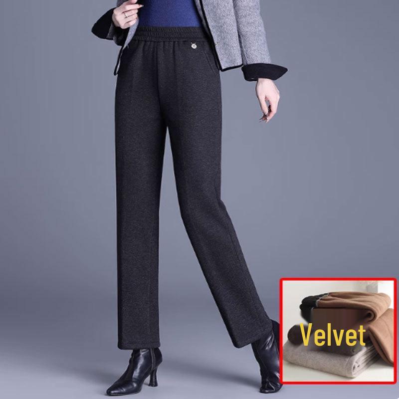 Women's Fleece-Lined Elastic Waist High-Waist Loose Straight-Leg Pants for Spring and Autumn