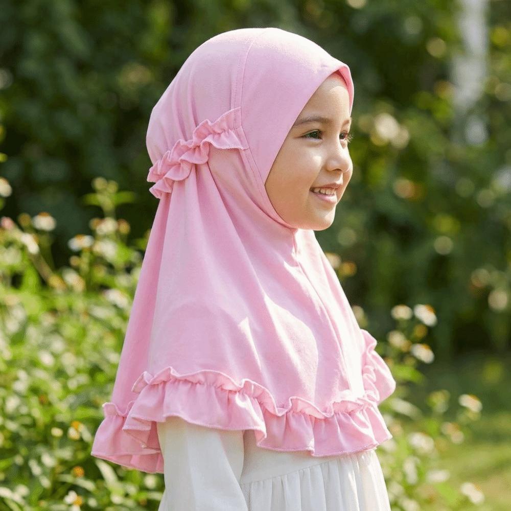 With Crinkles Ruffled Hem Hijab Soft Turban Caps Elegant Girl's Head Scarf Eid Al-Fitr