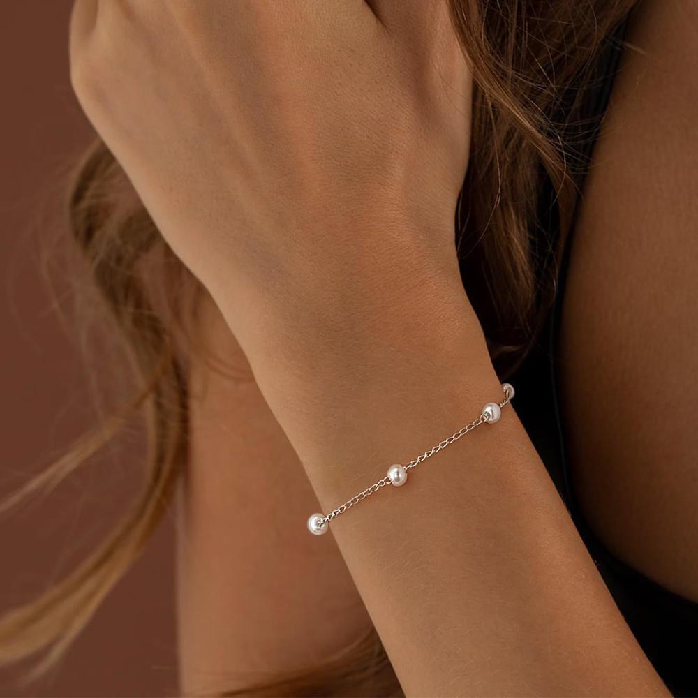 14K Gold Silver Bracelets for Women Girls - Evil Eye Diamond Cuban Link Heart Pearl Everyday Jewelry