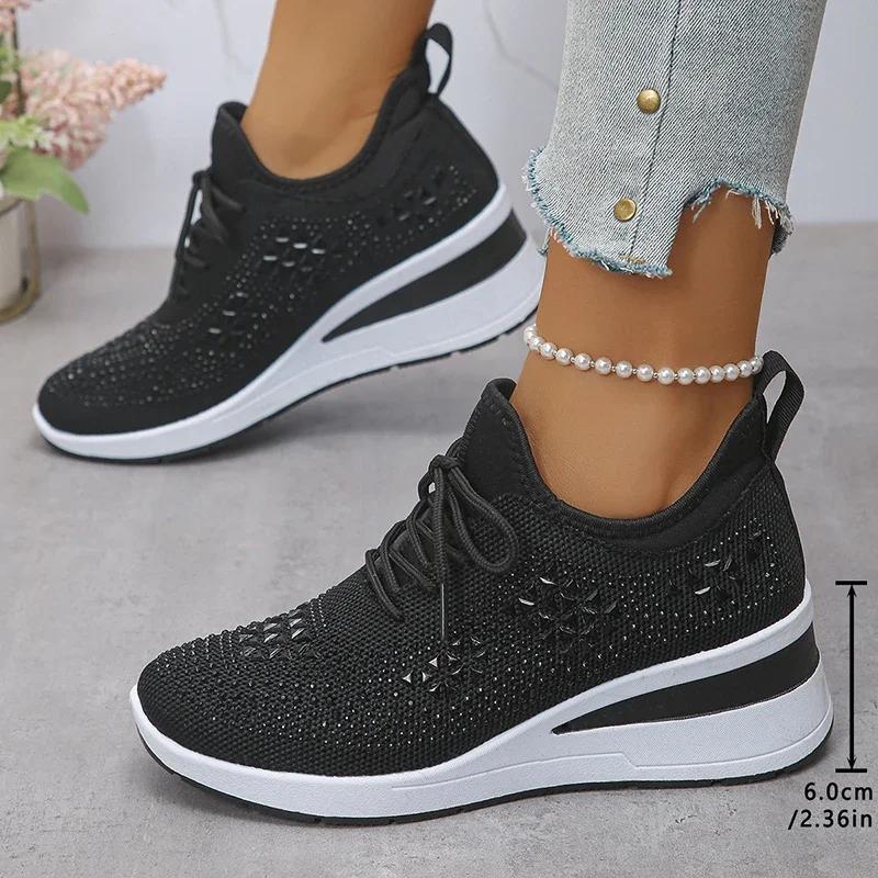 Fashion Women's Hot Pink Crystal Knitted Sneakers Autumn 2025 Shiny Rhinestone Wedge Heels Vulcanize Shoes Woman Platform Casual Shoes