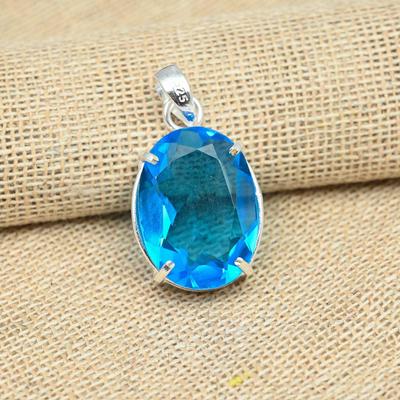 Charming Blue Topaz Gemstone Jewelry 925 Sterling Silver Handmade Pendant Birthday's Gift