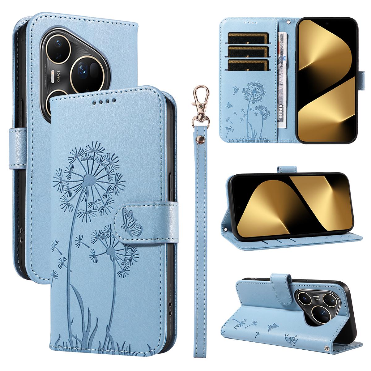 

For Huawei Pura 80 Ultra Leather Wallet Case with Strap Dandelion Imprint Phone Stand Cover Sky Blue
