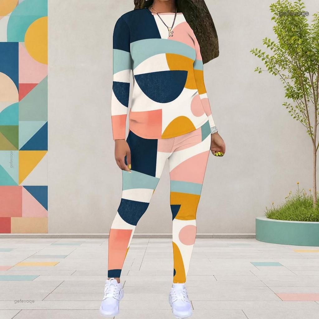 Women Plus Size Round Neck Long Sleeve Printed Two Piece Set Gray Black White Fitted Top And Pants