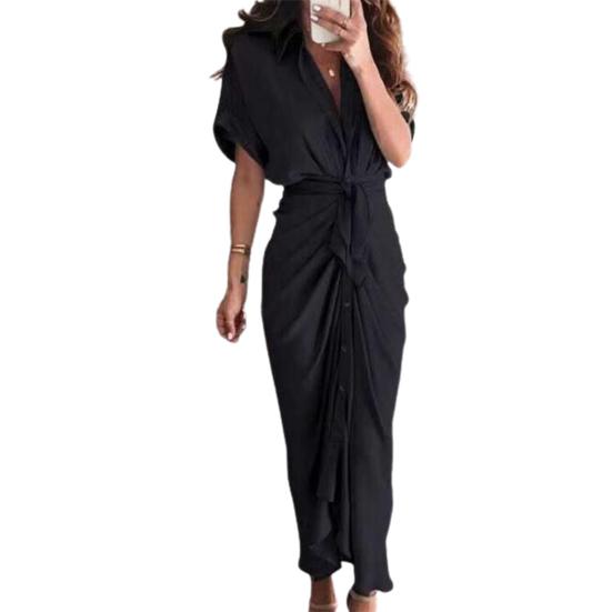 Short Sleeve Maxi Dress High Waist Women Buttons Solid Color Draped Tunic