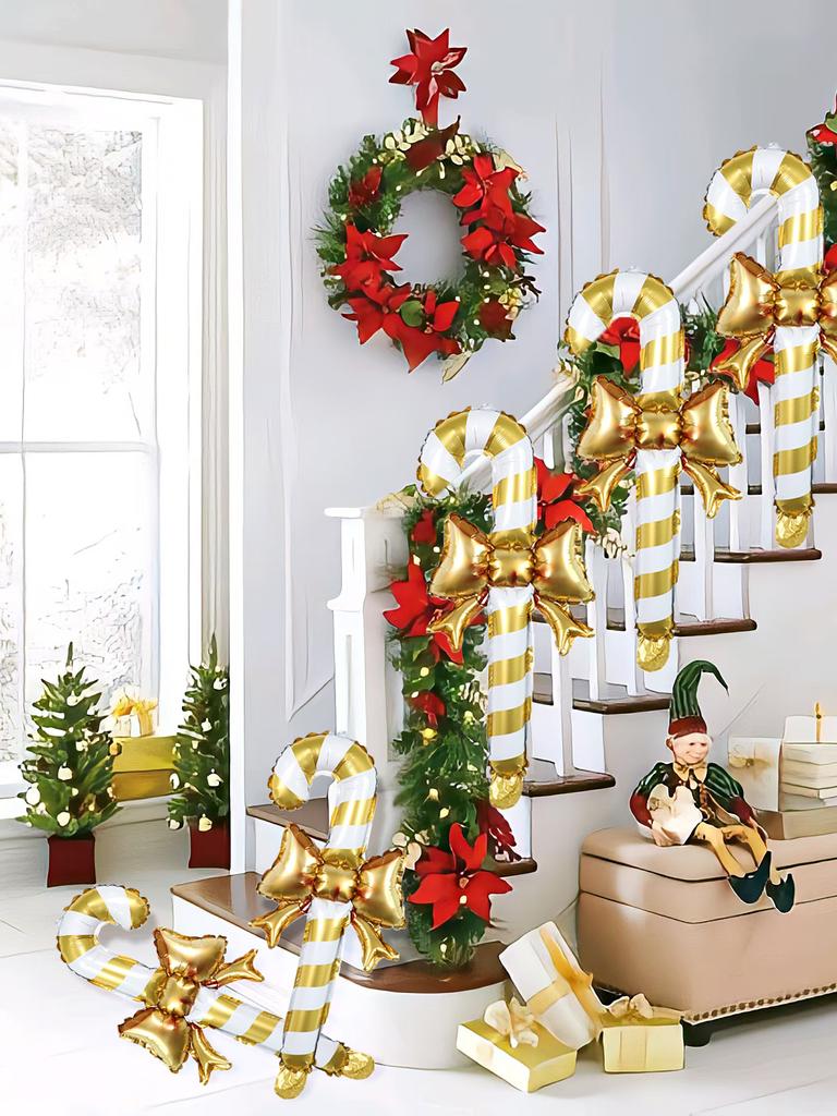 5pcs Christmas Pink, Gold, Red Candy Stick Shape Foil Balloon Set, Inflatable Christmas Sticks, Christmas Party, Holiday Props