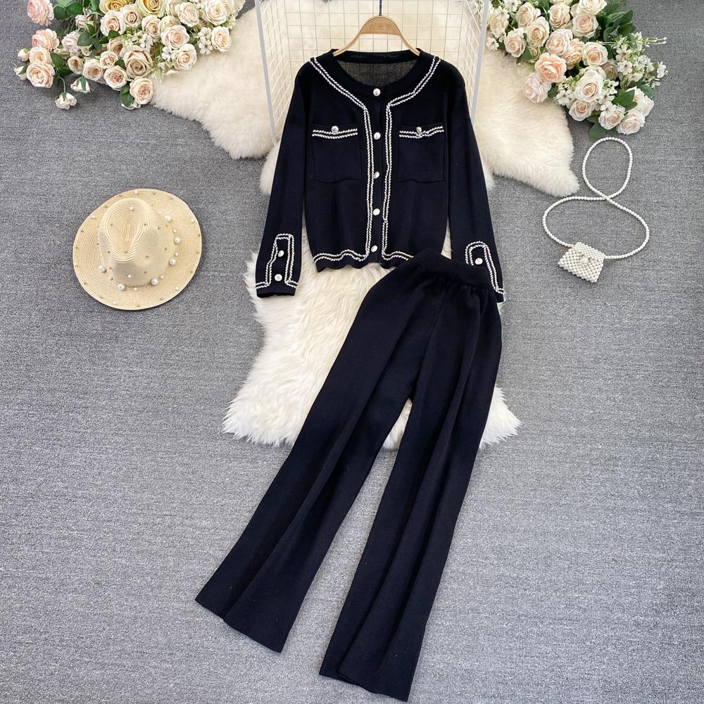 

Модный свитер, женский повседневный однобортный вязаный кардиган с длинным рукавом и круглым воротником, куртка, пальто, широкие брюки, спортивный костюм из двух частей One Size чёрный