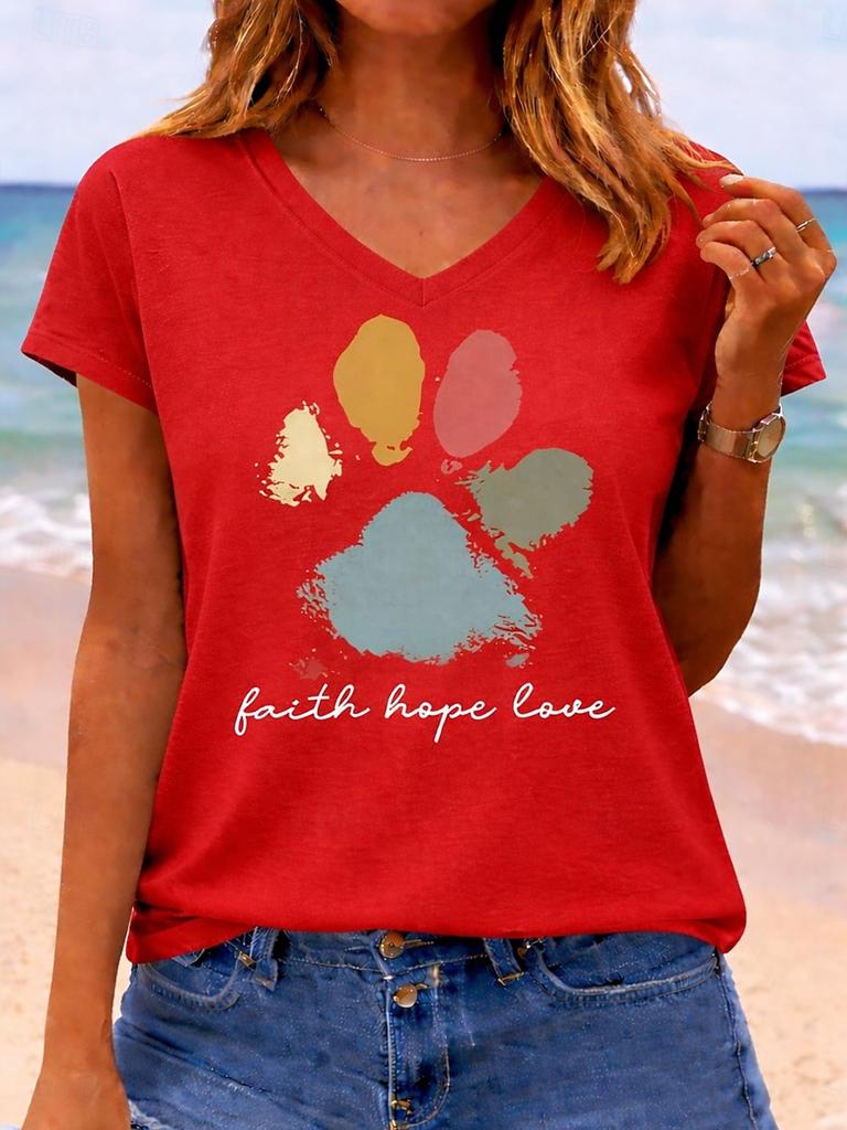 Women's Graphic V Neck T Shirt, Short Sleeve Regular Casual Tops, Daily Wear Multi Fresh Tones for Spring Summer