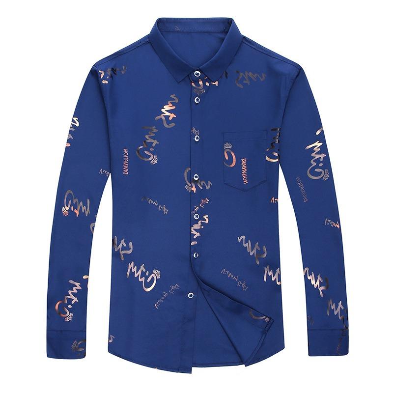 Men Casual Slim Fit Long Sleeve Thin Non Iron Letter Print Shirt