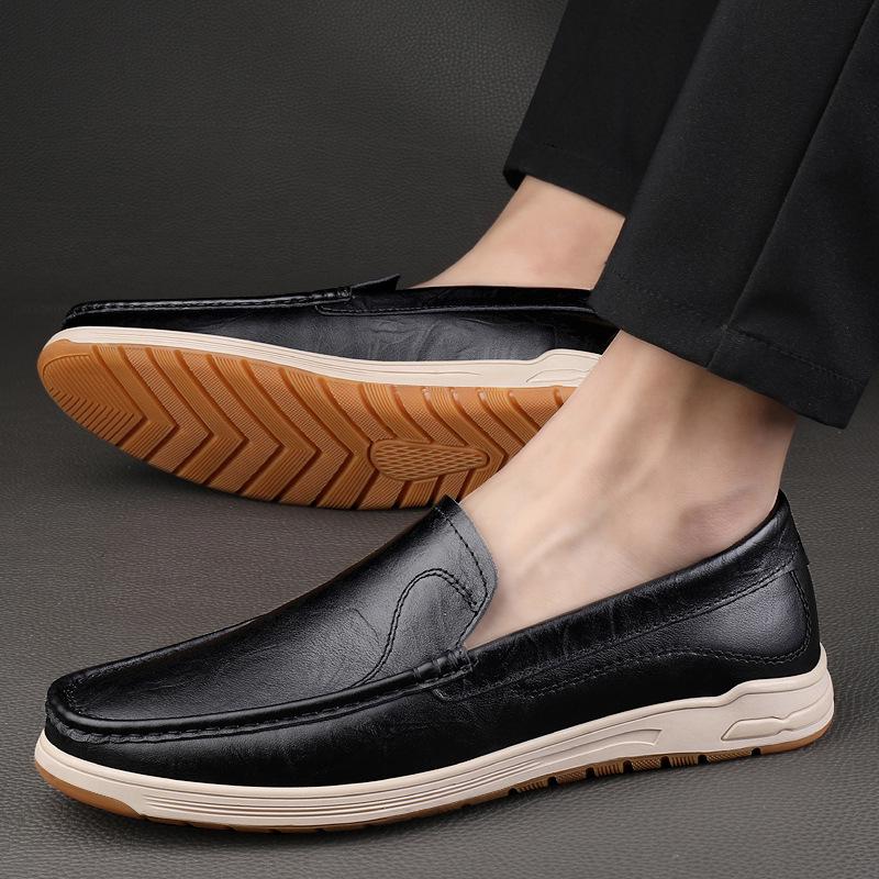 Men's Top-Grain Cowhide Leather Slip-On Loafers - Casual, Formal, Driving, and Lazy Shoes for Spring/Summer.
