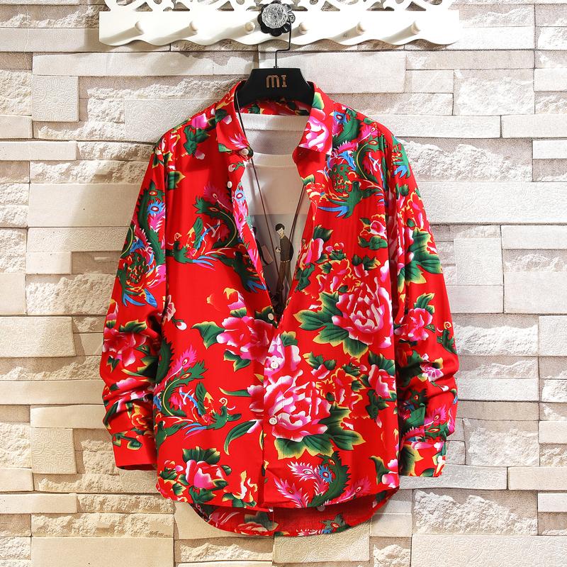 

2026 Spring Men Shirt Men Fashion Northeast Big Flower Pattern Shirts Men s Top Spring Autumn Male Leisure Hip Hop Shirts M красный