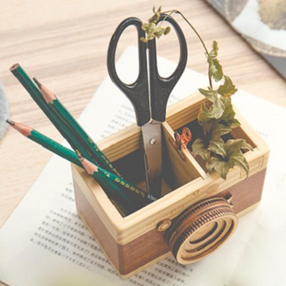 Box Creative Camera Crafts Desk Accessories Wooden Pen Holder Makeup Organizer Pencil Holder