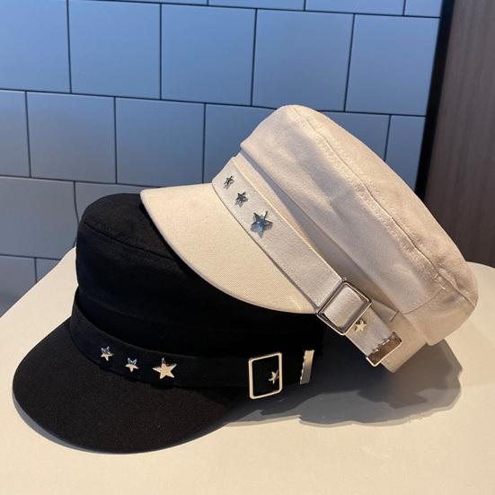 Women Extended Brim Beret Hat Flat Dome Star Decor Adjustable Newsboy Hat Outdoor Solid Color Painter Hat Streetwear