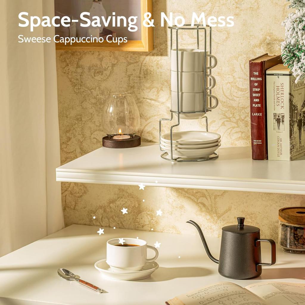 3OZ Porcelain Stackable Cups with Saucers and Metal Stand for Specialty Coffee Drinks,Latte,Americano and Tea-Set of 4