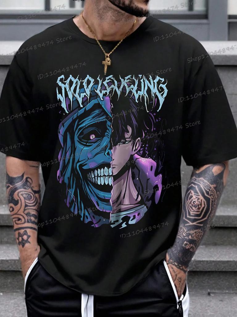 Anime Solo Leveling Tshirt Men Women Cotton Oversized Short Sleeve T Shirt  Statue of God and Sung Jin-Woo Comic T-shirts Tops