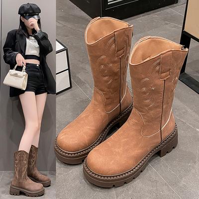 Maillard Street Shoot Embroidery Western Cowboy Boots Women'S Medium Boots Platform Fashion Martin Boots