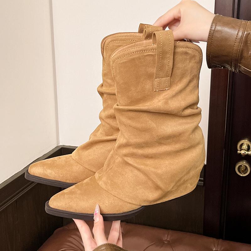 

Fashion Autumn Winter Faux Suede Mid Calf Boots Women Plus Size Thick Heels Western Boots Woman Slip On Pointed Toe Riding Botas Mujer 42 верблюд