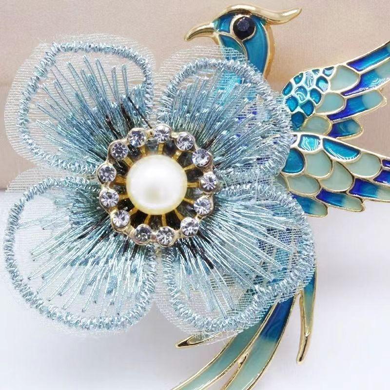 Retro Handmade Embroidery Hundred Birds Chaofeng Brooch Ancient Hanfu Accessories Temperament Pearl Flowers