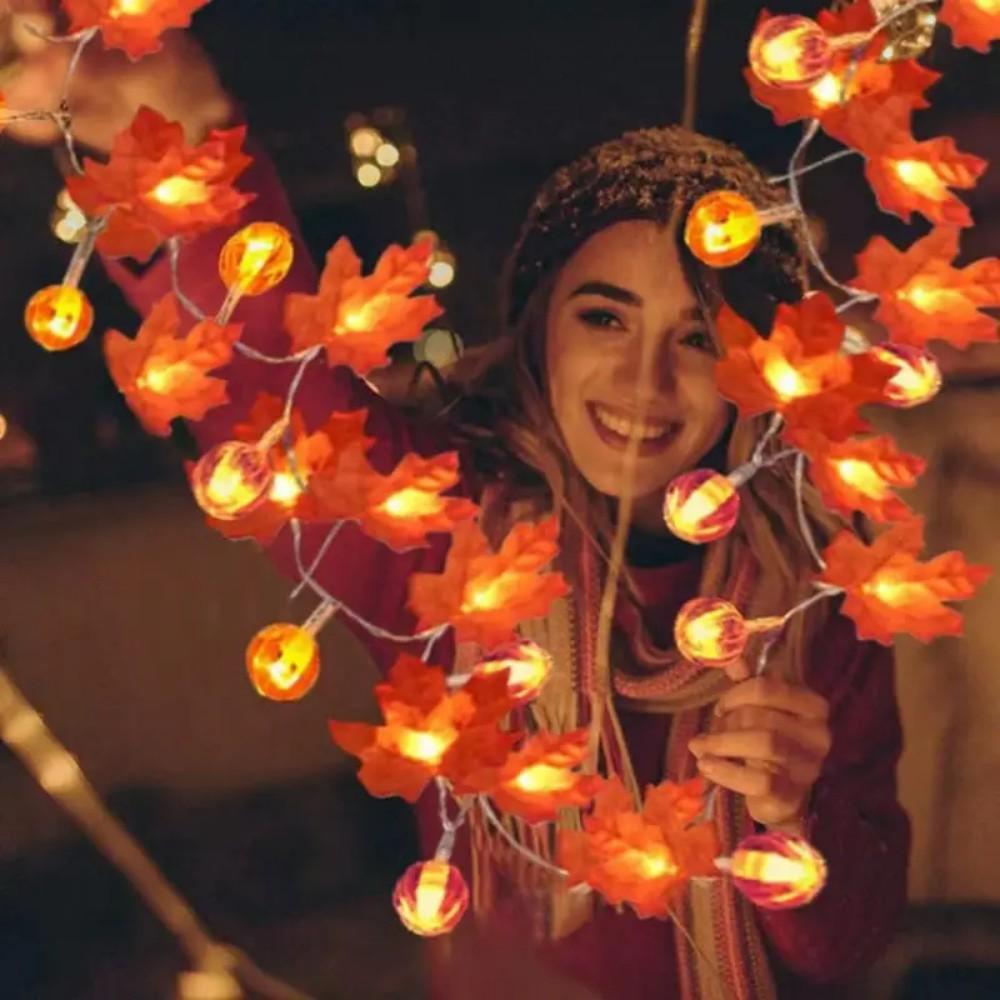 1PC1.5M10LED/3M20LED Halloween Maple Leaf Pumpkin Lantern String, Battery Powered, Without Battery, Used for Holiday Decoration