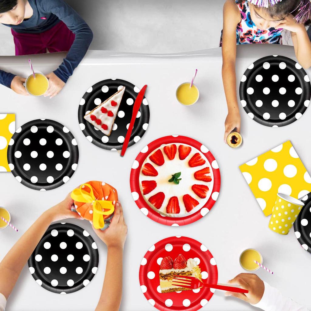 Cartoon Birthday Party Tableware Set: Black, Red, Yellow Polka Dot Plates & Napkins